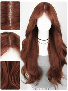 30 Inch Reddish-Brown U-Part 4X1 Lace Front Wig, Long Natural Wavy Middle Length Synthetic Wig For Everyday Wear
