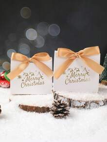 Conjunto de 10 elegantes sacolas de presente com laço, mini caixas de presente com estampa de árvore de Natal branca e a frase "Feliz Natal", ideais para embrulhar presentes de Natal, lembrancinhas de festa natalina, presentes de agradecimento, embalagens para presentes, sacolas para doces, sacolas para chocolates, presentes de Natal, decoração para casa, decoração de quarto, decoração de Ano Novo de 2026, lembrancinhas de casamento e presentes de aniversário. - Branco - Ver 4