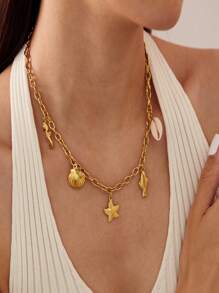 1 pieza Collar con estilo oceánico con colgante de estrella de mar, concha y pez, collar de moda para vacaciones en la playa y uso diario