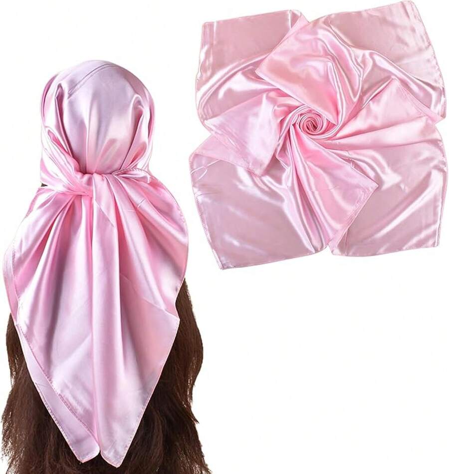 35 Inches Silk Head Scarf-Satin Hair Scarves Silk Bandana Scarf Headscarf For Women's Fashion Scarveshalloween - 純粉紅色 - 查看 1