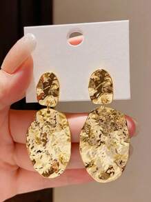 1 Pair Metal Textured Oval Layered Vintage Modern Geometric Drop Earrings, Exaggerated Design, Lightweight Luxury Accessories, Metal Texture