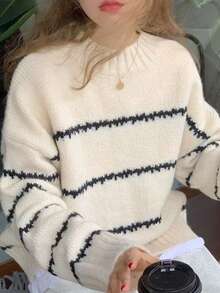 Women's Autumn And Winter Fashionable And Versatile Y2K Contrasting Striped Shoulder Down Casual Knitted Round Neck Autumn And Winter Sweater, Lightweight And Comfortable, Suitable For Leisure, Daily Life, Dating, Home, Office, Party Gatherings, Festivals, Shopping, Halloween, Christmas, Thanksgiving, Holidays