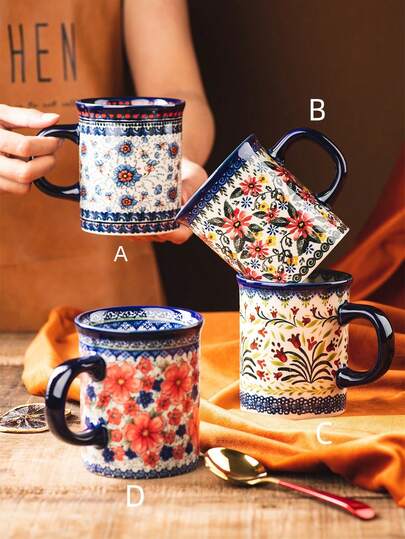 1pc Handpainted Floral Ceramic Insulated Coffee Mug, Reusable Ceramic Drinkware Suitable For Home Use - Breakfast Cup, Afternoon Tea Cup, Office Tea Cup, Water Cup, Coffee Cup, Juice Cup, Daily Picnic, Living Room, Dining Room, Kitchen, Office, Suitable For Ramadan, Eid Al-Fitr Gifts, Suitable For Children's Gifts, Party Favors