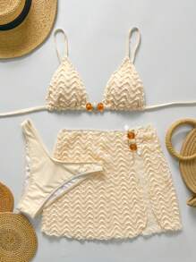 Bikinx Set da 3 pezzi da donna per l'estate 2025, costume da bagno tankini con top a fascia e fantasia a onde, con gonna copricostume, adatto per vacanze al mare