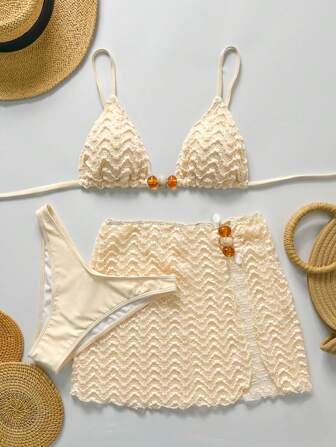 Bikinx 3件套女士纯色挂脖比基尼套装，带串珠细节和开衩罩衫，休闲性感高弹露背系带纹理沙滩装