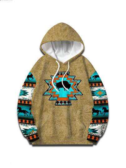 Ropa deportiva casual con capucha con cordón, manga larga y estampado 3D retro para hombres, otoño