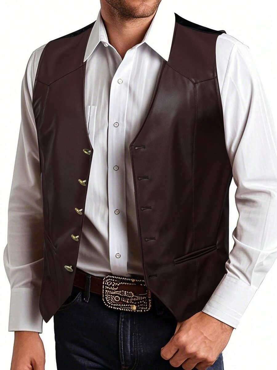 PU Leather Button Vest Men Waistcoat Wedding Fashion Casual Jacket , Fall Winter