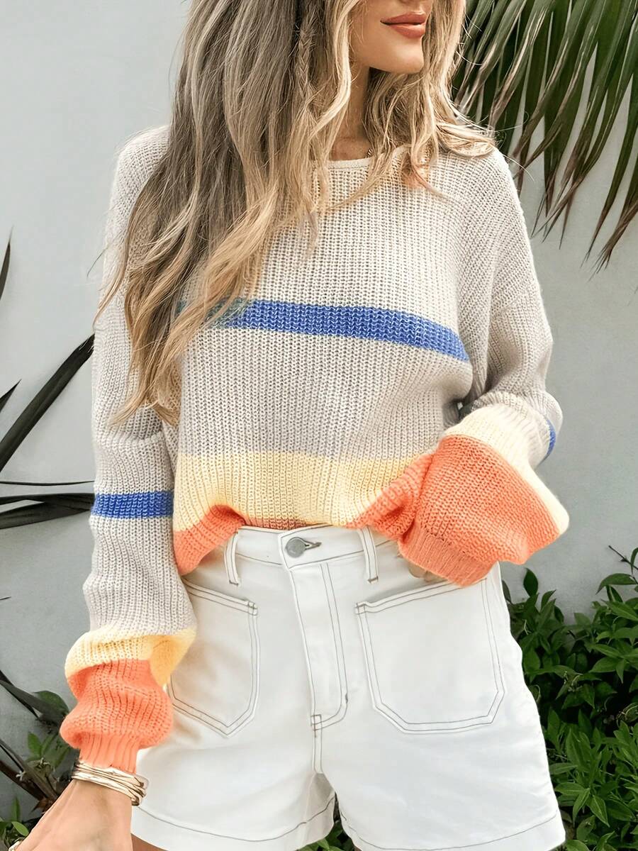 Women Casual Elegant Two-Tone Striped Knit Sweater, Simple Crew Neck Pullover For Commuting, Loose Relaxed Fit, Autumn/Winter