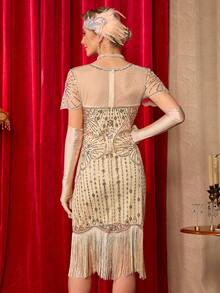 20 世纪 20 年代女士轻佻连衣裙，透明串珠袖子，了不起的盖茨比连衣裙，咆哮的 20 年代连衣裙服装 - 杏色 - 查看 8