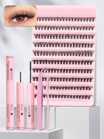 200 piezas Juego de extensión de pestañas falsas de gran capacidad con C Roll, adhesivo para extensión de pestañas, pinzas para pestañas, cepillo para pestañas. Juego de pestañas falsas que simulan ser naturales, suaves, delgadas y ligeras para crear pestañas postizas naturales.