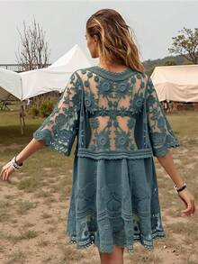 Women's Contrast Lace Loose Swimsuit Cover Up Beach Dress - Swimwear 2025 IBGX - H-xanh lá cây - Xem 7