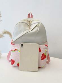 1 Pc New Style Girls' Strawberry Print Fabric Backpack With Adjustable Straps, Zipper Closure, Multifunctional Foldable Design, Perfect For Travel, School, Outdoor Activities, And Holiday Gifts