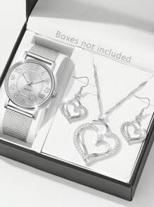 Ensemble de bijoux de 4 pièces pour femmes comprenant : montre à quartz avec cadran en forme de cœur et chiffres arabes, collier et boucles d'oreilles assortis. Bracelet en argent, simple et . Convient pour le port quotidien, la décoration ou en tant que cadeau de vacances.