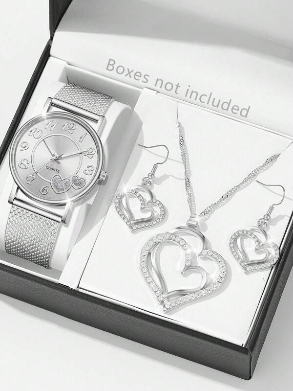 Ensemble de bijoux de 4 pièces pour femmes comprenant : montre à quartz avec cadran en forme de cœur et chiffres arabes, collier et boucles d'oreilles assortis. Bracelet en argent, simple et . Convient pour le port quotidien, la décoration ou en tant que cadeau de vacances.