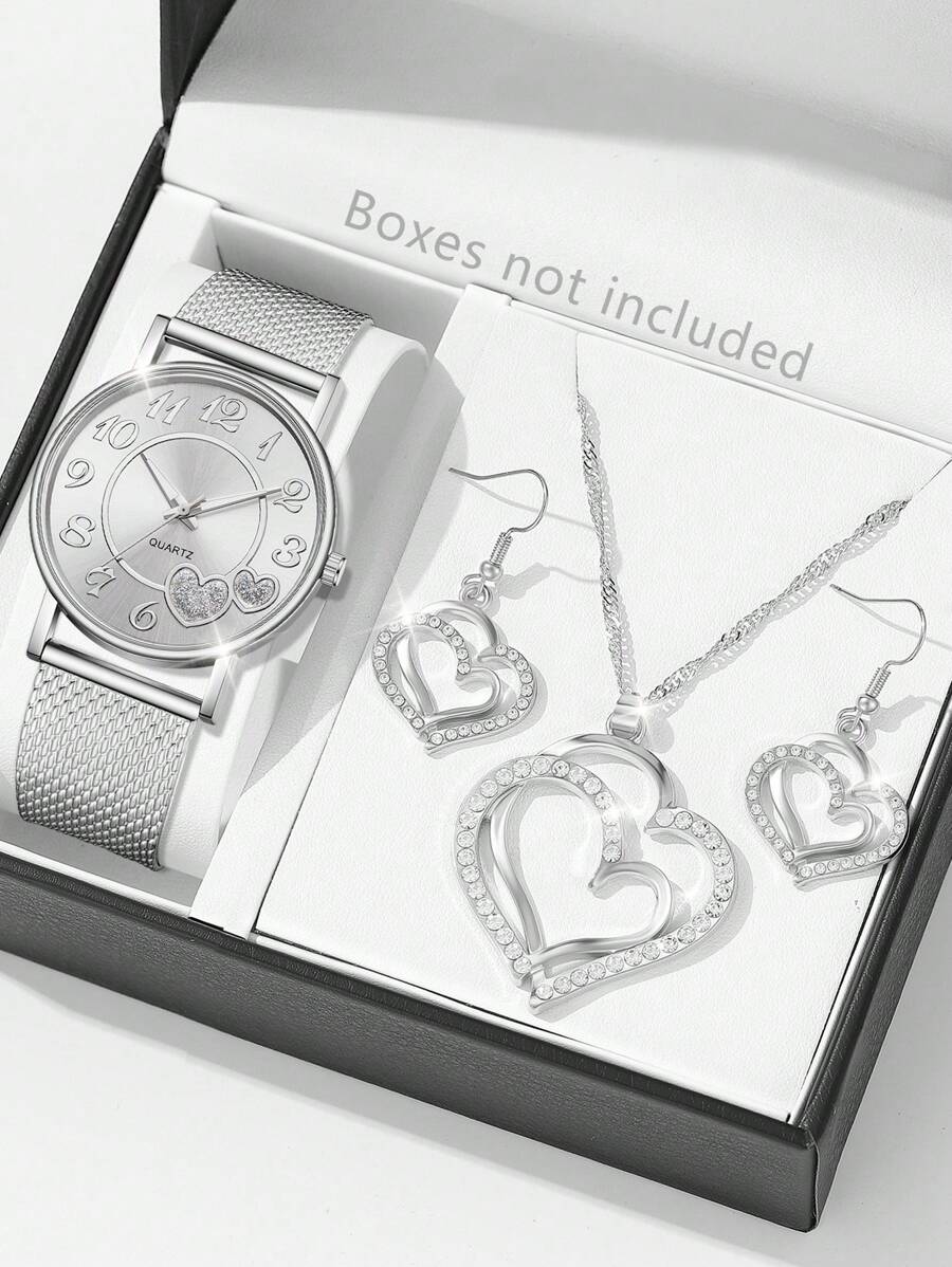 Ensemble de bijoux de 4 pièces pour femmes comprenant : montre à quartz avec cadran en forme de cœur et chiffres arabes, collier et boucles d'oreilles assortis. Bracelet en argent, simple et . Convient pour le port quotidien, la décoration ou en tant que cadeau de vacances.