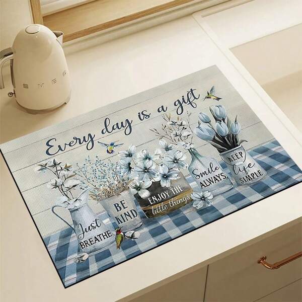 1pc Floral Print Absorbent Pad, Super Water Absorption, Hides Stains, Multipurpose Mat For Kitchen Counter, Dish Rack, Coffee Machine, Rubber Backing, Suitable For Coffee Maker, Espresso Machine Decor