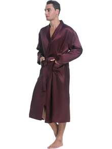Bata de salón de satén sedoso para hombres Lavenderi, ligera y larga para dormir - Burdeos - Ver 3