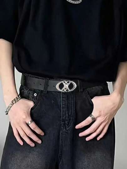Thắt lưng khóa kim loại hình bầu dục, màu đen, kiểu dáng tối giản, thích hợp cho quần jeans nam, món quà lý tưởng cho mùa hè, đi học và các dịp khác.