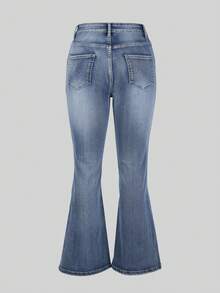 Mid Waist Stretch Blue Flared Jeans - Fashionable And Versatile For Women - Blue - View 6