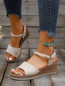 大码女士坡跟凉鞋，2025夏季新款时尚仙女风纯色度假波西米亚风高跟鞋，旅行必备 - 米色 - 查看 4