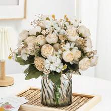 1 pièce/30 pièces Bouquets de fleurs artificielles roses, hortensias, pivoines, chrysanthèmes bulbeux. Cadeaux de la Saint-Valentin, décorations de fête d'anniversaire, paniers de fleurs de mariage, fleurs à tenir pour la mariée. Décorations pour la maison, salles à manger, chambres, rebords de fenêtre, vases. Décorations pour le Nouvel An, jardins extérieurs, rentrée des classes - Blanc - Voir 5