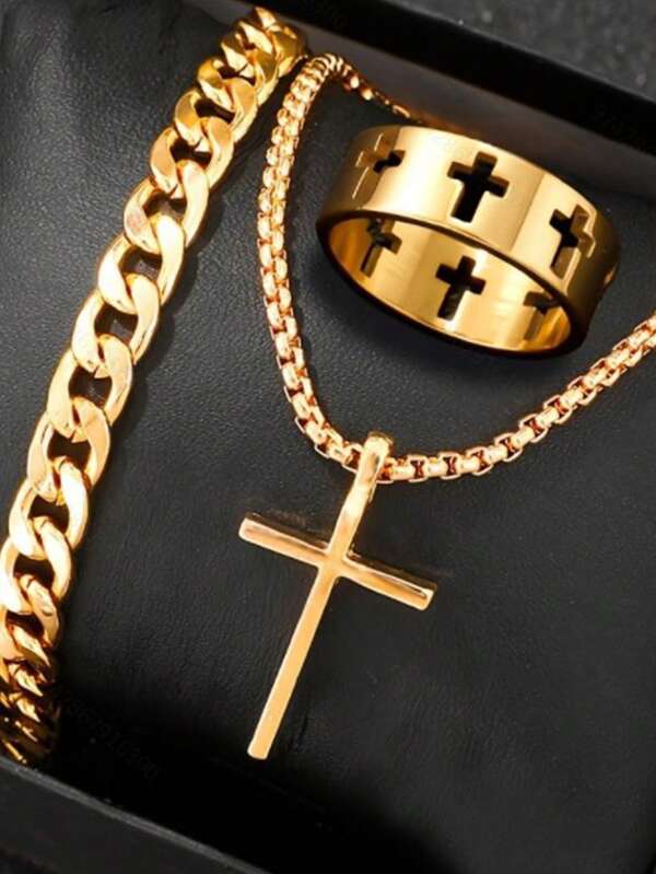 3Pcs/Set Hip Hop Fashion Cross Pendant Necklace Bracelet Chain Ring Men's Set, Simple Personality Party Three Piece Jewelry Accessories