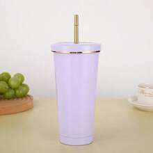 Stainless Steel Insulated Cup With Straw, Large Capacity Vacuum Coffee Cup, Portable Car Gift Insulated Cup - Mauve - View 1