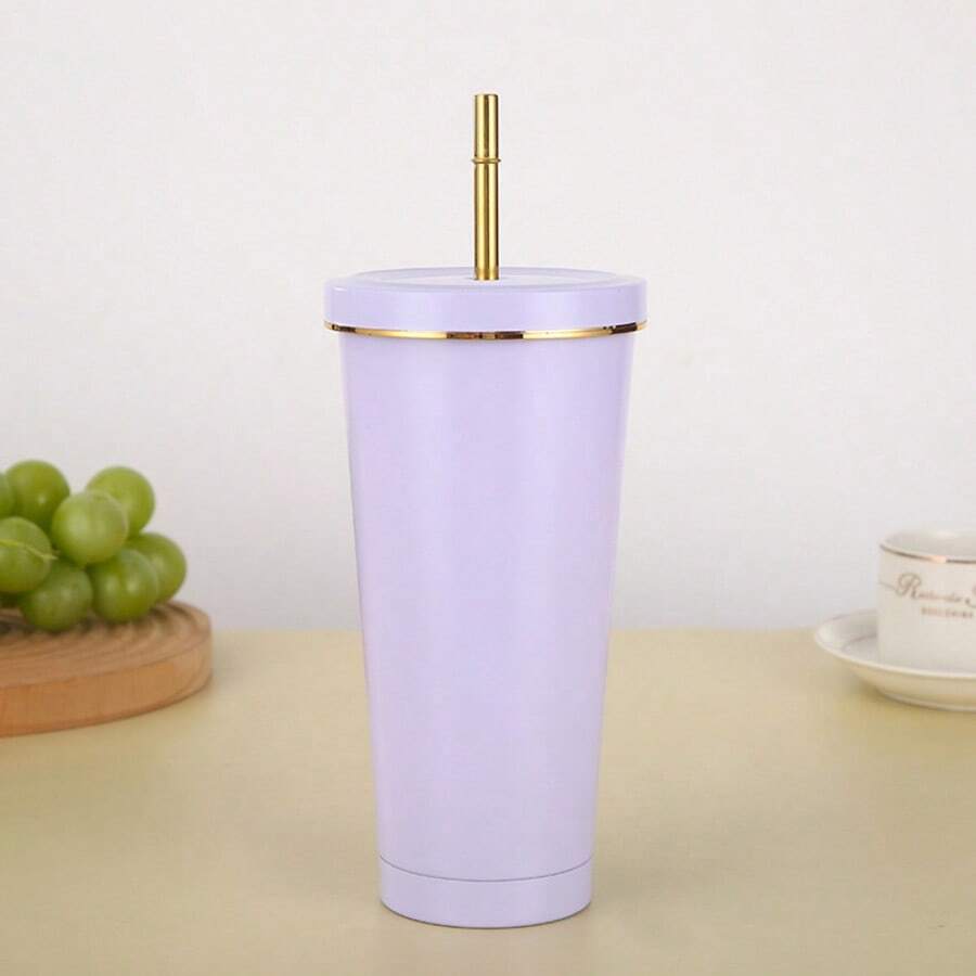 Stainless Steel Insulated Cup With Straw, Large Capacity Vacuum Coffee Cup, Portable Car Gift Insulated Cup - Mauve - View 1