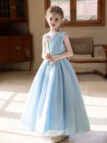 少女蓝色雪纺全长礼服，度假婚礼派对礼服 - 藍色 - 查看 3