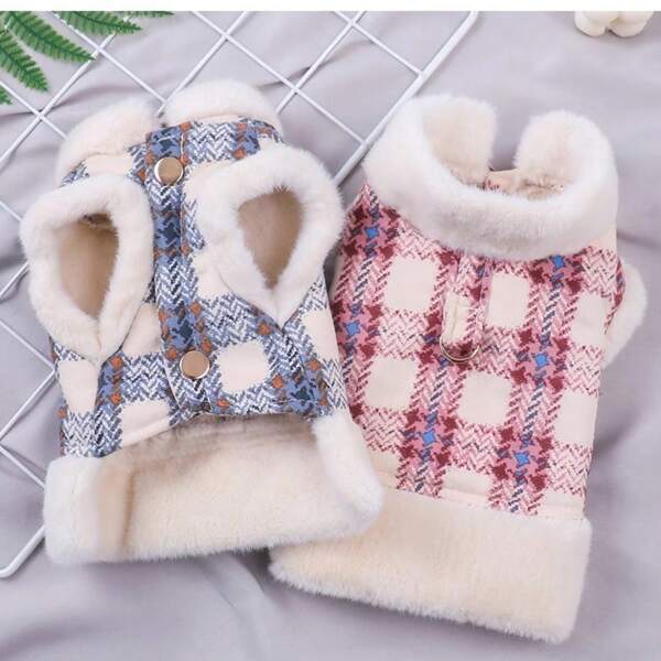 1pc Autumn/Winter New Happy Dog & Cat Casual Elegant Thick Warm Plaid Vest With Leash, Suitable For Poodle, Bichon Frise, Teddy Bear Small Dog Pets