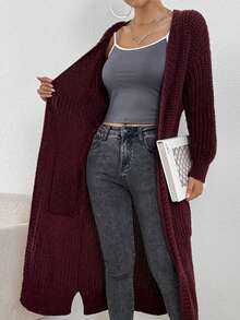 纯色前开宽松针织开衫，休闲长袖长款带口袋毛衣，女士服装 - 酒紅色 - 查看 4