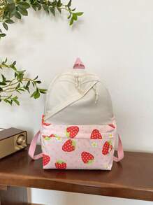 1 Pc New Style Girls' Strawberry Print Fabric Backpack With Adjustable Straps, Zipper Closure, Multifunctional Foldable Design, Perfect For Travel, School, Outdoor Activities, And Holiday Gifts