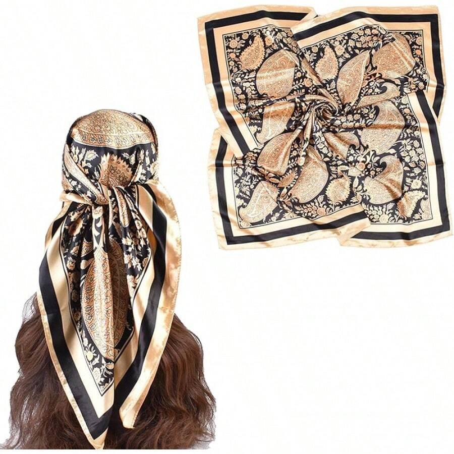 35 Inches Silk Head Scarf-Satin Hair Scarves Silk Bandana Scarf Headscarf For Women's Fashion Scarveshalloween - 駱駝大腰果 - 查看 1