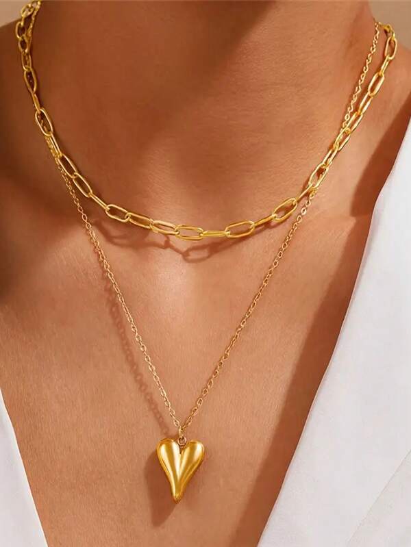 A Fashionable Double-Layered Ladies' Heart-Shaped Pendant Neckpiece Necklace