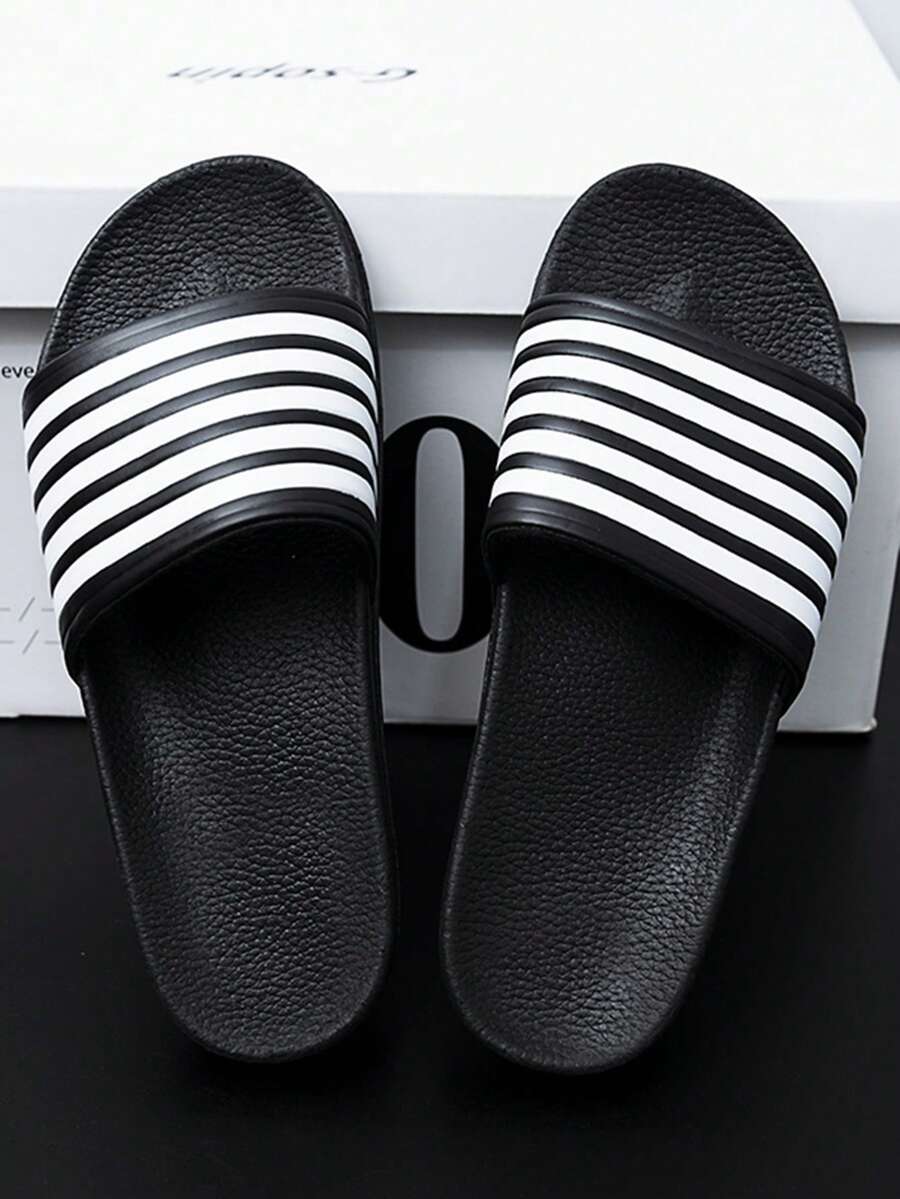 Men's Black And White Striped Slippers. Summer Indoor And Outdoor Fashionable One-Piece Slippers, Lightweight And Casual Couple Slippers - Black and White - View 1