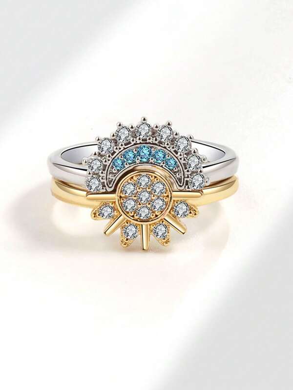 2pcs/Set Elegant Sun & Moon Design Open Stacking Rings, Couple Rings Suitable For Daily Wear, Dates, Parties, Birthdays, Christmas, Valentine's Day, Holidays, Gifts