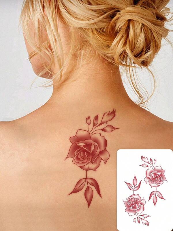 1 Stück waschbarer temporärer Tattoo Aufkleber, rotes PVC Blumen minimalistisches Rosenblüten Blumen Design, wasserfest & schweißfest, geeignet für den täglichen Gebrauch