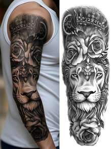 1 Sheets Extra Large Full Arm Size Body Art Temporary Tattoo Stickers For Men And Women, Realistic Animal Style Lion Crown Flowers Pattern, Waterproof Fake Sleeves Tattoos, Lasts 2-5 Days, Covering Scars, Can Be Used On Arms Wrist Shoulders Legs Waist Neck Hand Chest Thighs Finger, Best Friend Couple Party Tattoo