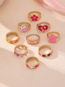 9pcs/Set Enamel Glazed Floral & Star Shaped Rings, Simple Elegant Fashion Accessory Suitable For Gift, Party, Daily Wear - Yellow Gold - View 2
