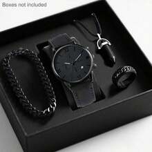 SOKI SOKI 1 Set Men's Quartz Watch With Calendar Function, Zinc Alloy Case And PU Strap, Round Dial, Electronic Movement, Pointer Display, Includes Pendant Necklace, Bracelet And Ring, Suitable For Daily Wear, Birthday Gift, Party, Holiday Gathering, Ideal Gift For Yourself Or Friends. No Packaging Box Included. - Black - View 2