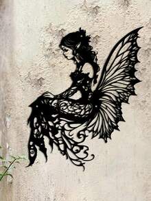 1pc Decorative Metal Wall Art - Enchanting Fairy Silhouette With Butterfly Wings, Exquisite Design Suitable For Garden, Patio, Living Room Or Balcony Decor, Outdoor Metal Wall Art, Outdoor Sculpture Enchanting Fairy Pattern Metal Wall Decor, Decorative Item - Black - View 5