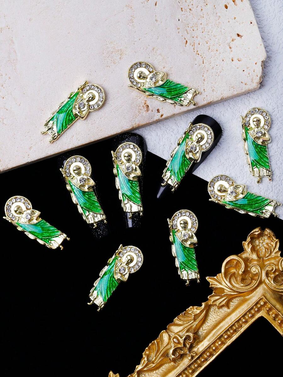 10件/包 祖母绿水钻金色合金站立人物宗教风格美甲装饰配件，奢华时尚的DIY美甲配件，无香型可组合3D美甲产品，美甲饰品宝石，水钻和装饰品。