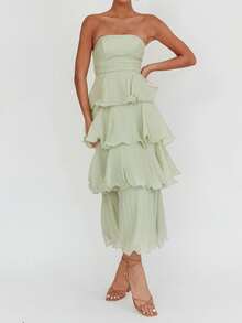 Ruffled Tube Top Long Dress For Women Summer Solid Color Backless Strapless Sleeveless Tiered Cake Dress - màu xanh lá - Xem 2