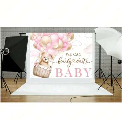 We Can Bearly Wait Shower Decorations Backdrop For Photography Pink Cute Cartoon Bear Animal Hot Air Balloon Clouds Banner Party Photoshoot Background Photo Booth Studio