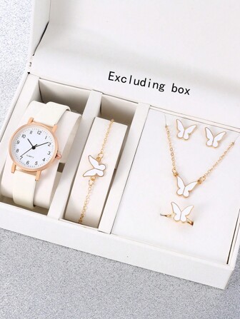 6 件套简约数字表盘女士石英表 + 手链和珠宝套装，时尚