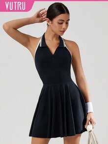 VUTRU 后领系带高领运动连衣裙，防暴露网球/高尔夫裙 - 藏蓝色 - 查看 5