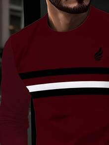 男士优雅条纹长袖圆领 T 恤，休闲时尚，百搭条纹图案分层单品，适合所有季节 - 紅色 - 查看 3