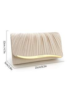 Pleated Flap Clutch Bag, Satin Texture, Fashion Elegant, Suitable For Evening Gown, Party, Formal Occasion, Envelope Handbag, Mini Square Bag, Luxury Clutch Purse, Shoulder Strap Crossbody Bag, Banquet Chic Purse - Champagne - View 12