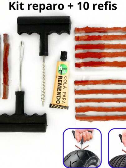 Kit Reparo Pneu Sem Camara Moto Carro + 10 Refis Macarrão Pneu