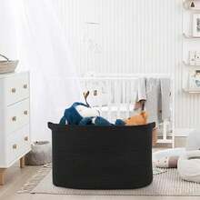 Extra Large Rectangle Storage Basket, 23.6" X 17" X 12" Black Blanket Basket Living Room, Big Cotton Rope Shoe Blanket Storage Bin, Woven Kids Dog Toy Bin Box Organizer, Wicker Laundry Basket - 黑與白 - 查看 8